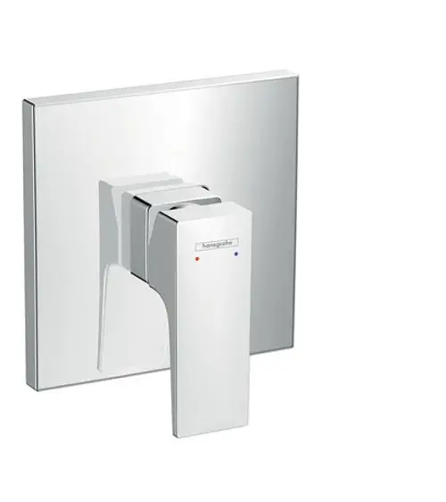 Hansgrohe Einhebel-Brausemischer mit Hebelgriff an einem quadratischen, glänzenden Unterputz-Panel in Chromoptik, ausgestattet mit Temperaturmarkierungen.